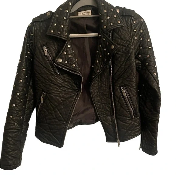 Glamorous Faux Leather Studded Moto Jacket XS | Black Biker Chic Street Style - Picture 10 of 11